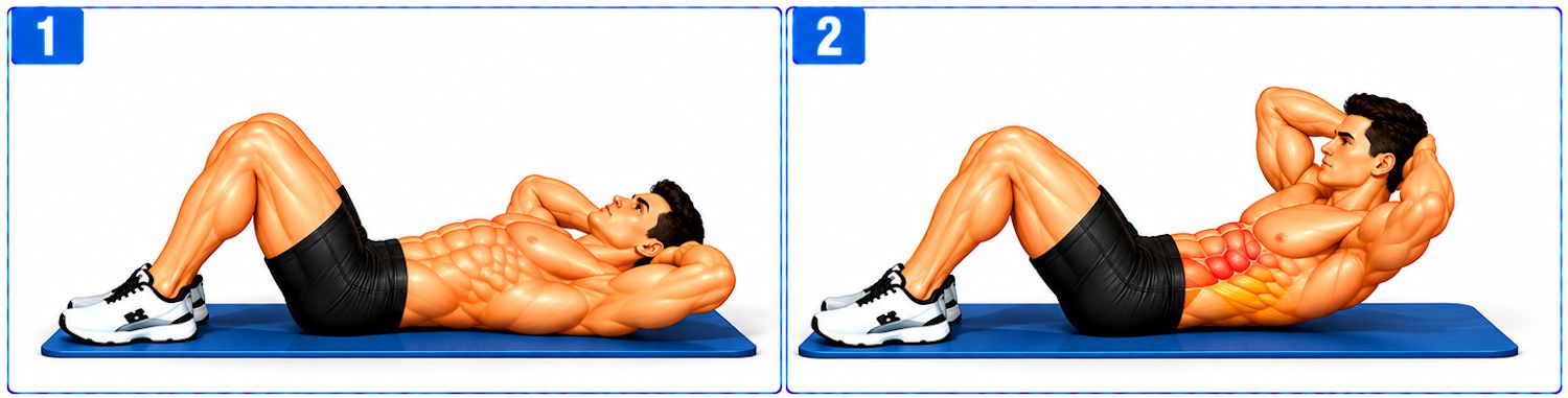 Person performing an abdominal crunch on the floor with hands behind the head