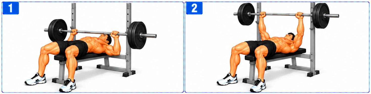 Person performing a flat barbell bench press while lying on a weight bench