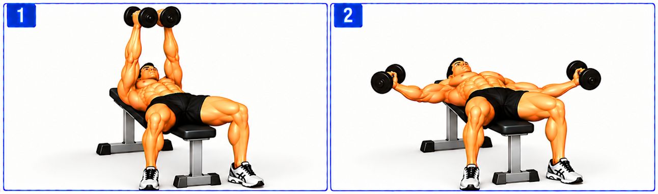 Person performing a flat dumbbell flye on a bench, lowering both arms outward from above the chest