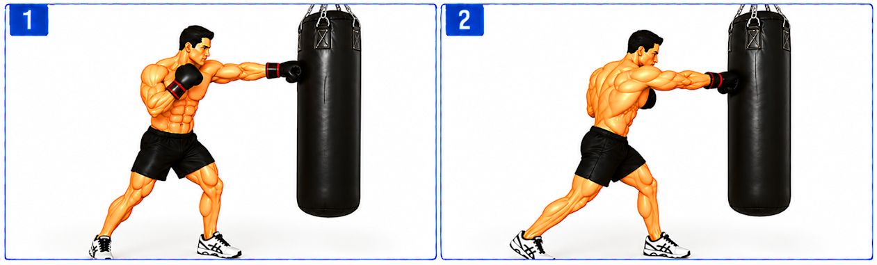 Boxer practicing heavy bag training with the left glove extended toward the bag followed by a right-hand punch