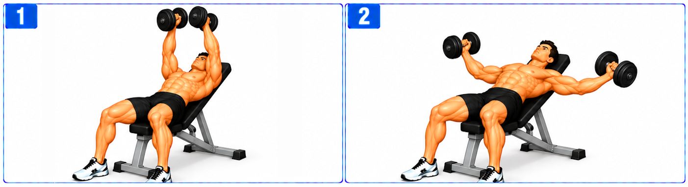 Person performing an incline dumbbell flye on an inclined bench, lowering both arms outward from above the upper chest