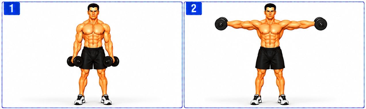 Person performing standing dumbbell lateral raises, lifting both arms outward from the sides to shoulder height