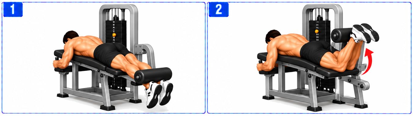 Person performing a lying leg curl on a prone leg curl machine, bending both knees against resistance