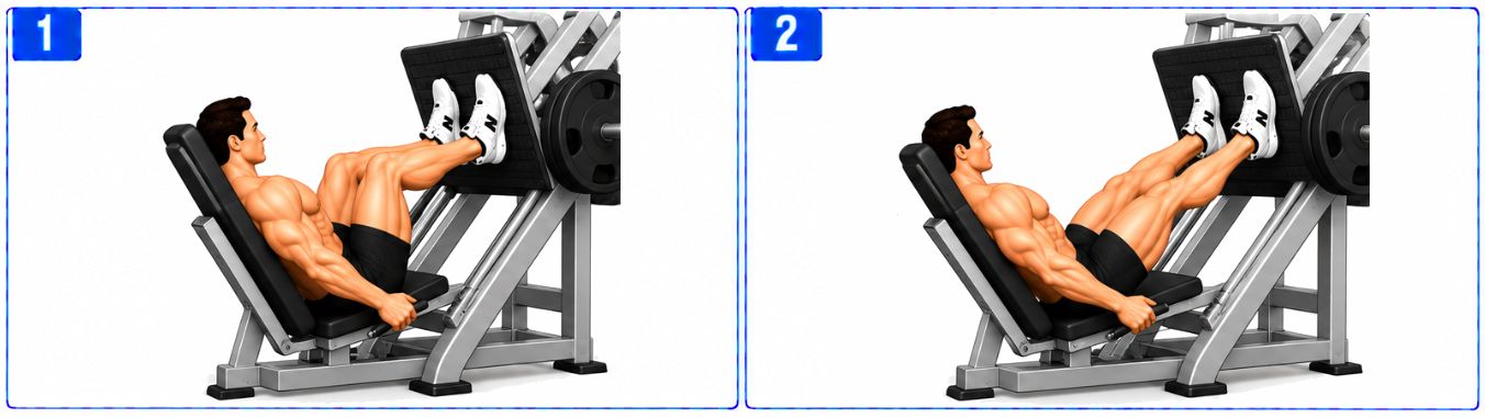 Person performing an incline leg press, extending both legs to push the footplate upward from a bent-knee position