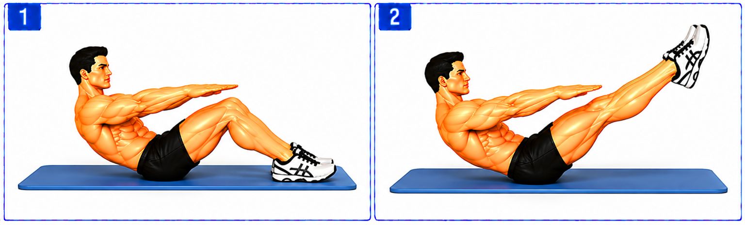 Pilates-inspired V-sit exercise showing a seated starting position with bent knees followed by raised and extended legs