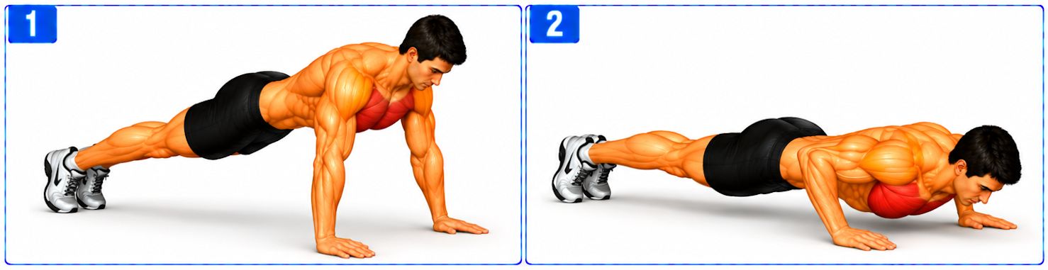 Person performing a traditional push-up, starting with arms extended on hands and toes before bending the elbows to lower the body