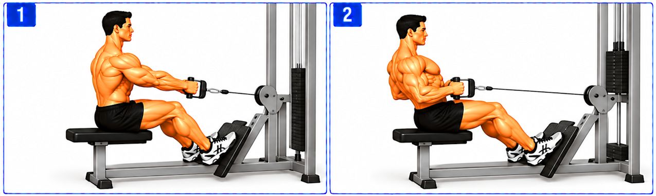 Person performing a seated cable row, pulling a pulley handle toward the torso with elbows tucked close to the body