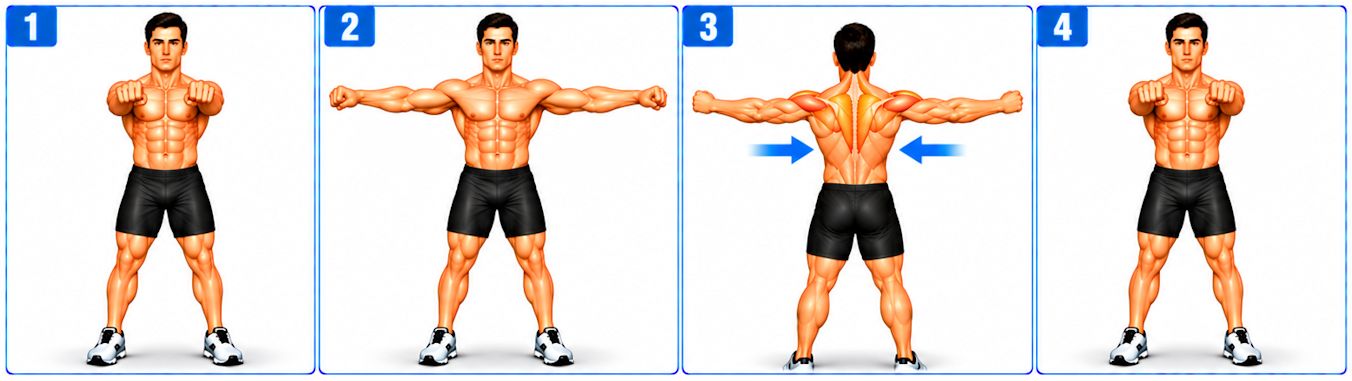 Four-step standing transverse shoulder abduction exercise showing arms extended forward, moving outward, shoulder blades squeezing together and arms returning forward