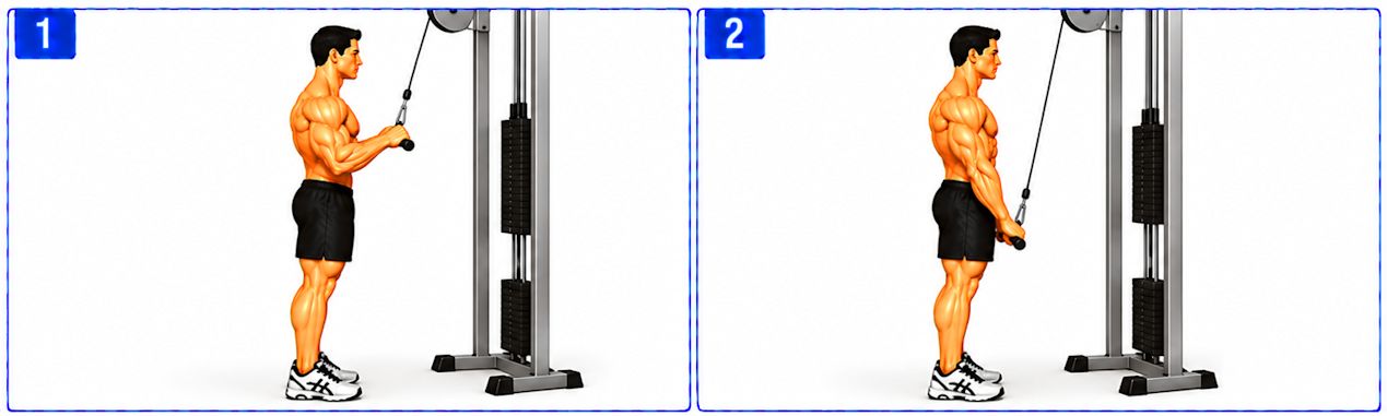 Standing cable triceps pushdown showing the starting position at a high pulley machine and the bar pressed downward by extending the elbows