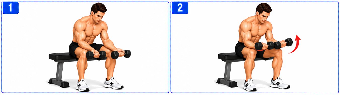 Seated dumbbell wrist curl showing a person with palms facing upward and forearms supported on the thighs, curling both wrists upward